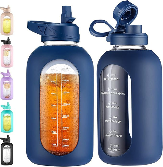 CIVAGO 64 oz Glass Water Bottle Jug with Straw and Handle, Half Gallon Sports Motivational Bottle with Time Marker and 2 Lids, Large Flask Canteen with Silicone Sleeve for Gym, Navy