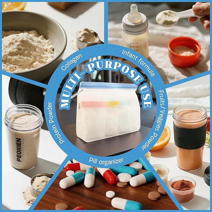 Protein Powder Travel Container Set,Reusable Powder Supplement Container To Go,21Pcs Single Dose Bags & 3Pcs Large Zip Bags,Portable Travel Containers with Funnel,Spoon