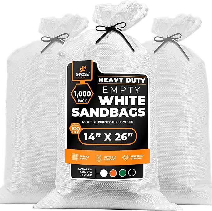 Xpose Safety Heavy Duty Sand Bags with Tie Strings – Empty Woven Polypropylene Sandbags for Hurricane Flood Protection, 100 lb Capacity, 14" x 26", White, Pack of 1000
