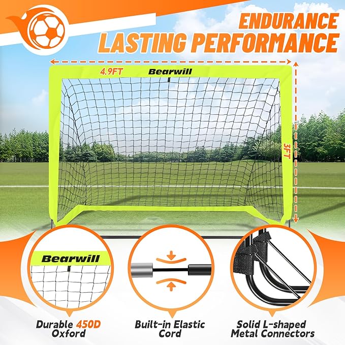 Bearwill Soccer Goal, Kids Soccer Goals for Backyard Set of 2, 4x3ft Portable Soccer Goal Pop Up Soccer Net, Kids Soccer Net Training Equipment with Soccer Ball, Ladder, Cones, Targets