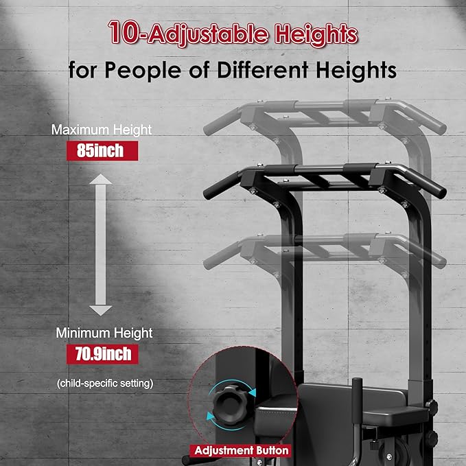 DlandHome Power Tower, Height Adjustable Pull Up Bar Dip Station with Assisted Pad, Multi-Function Home Gym Strength Training Fitness Equipment 330LBS, Black