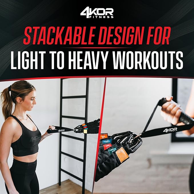 4KOR Deluxe Shoulder and Full Body Cross Anchored Resistance Cord System with Interchangeable Handles, Foot Straps, and Workout Guide. Exercise Bands with Nylon Sleeves, Anchors, and Carry Bag