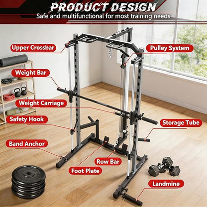 OPPSDECOR All in One Smith Machine, 1400LBS Multi-Functional Smith Machine Home Gym, Squat Rack with LAT-Pull Down System, Power Rack with Barbell Bar, Power Cage with Attachments Full Body Training