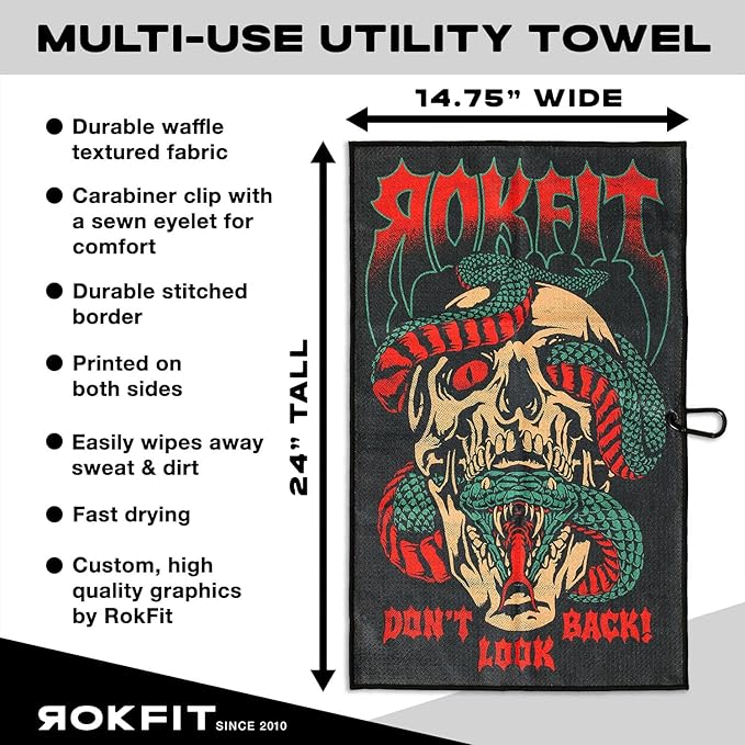 RokFit Gym & Golf Towel – Multi-Use, Quick-Dry, Durable Utility Towel with Bold Graphic and Carabiner Clip (Don't Look Back)