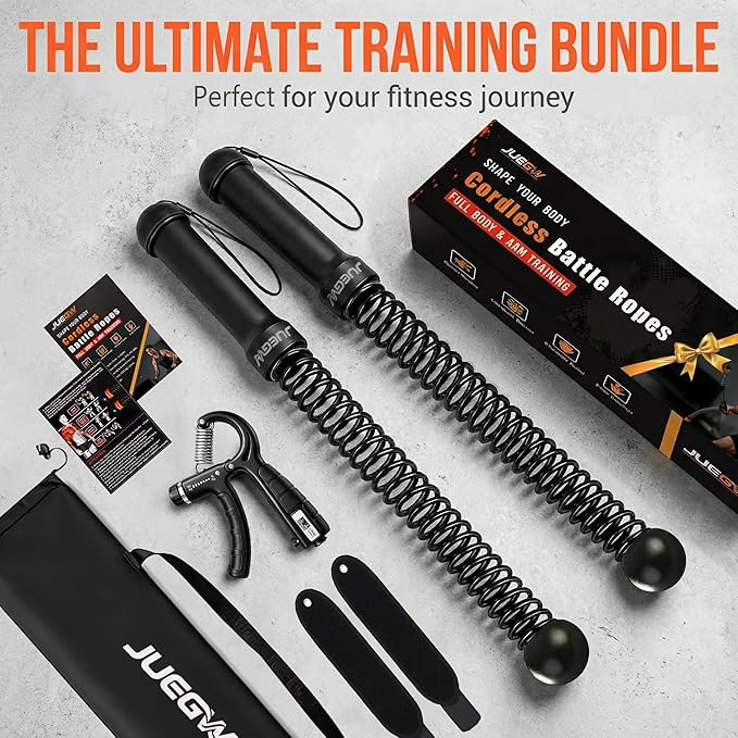 Cordless Battle Ropes for Home Workout – Ropeless HIIT & Strength Training Kit with Hand Gripper & Wrist Wraps – Portable Full Body Fitness Equipment for Small Spaces