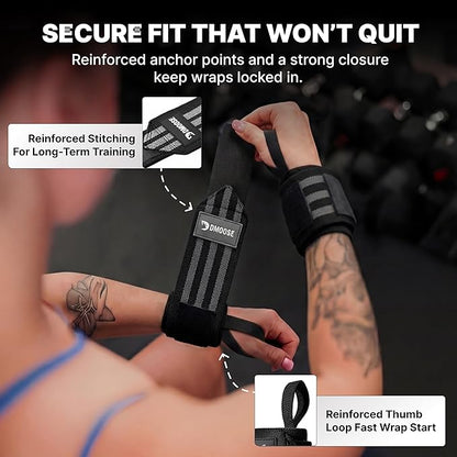 DMoose Fitness Wrist Wraps for Weightlifting 18" - Heavy Duty Gym Wrap with Hand Thumb Loop for Support & Pain Relief, USPA Approved Powerlifting, Weight Lifting Wrist Straps for Men & Women Work Out