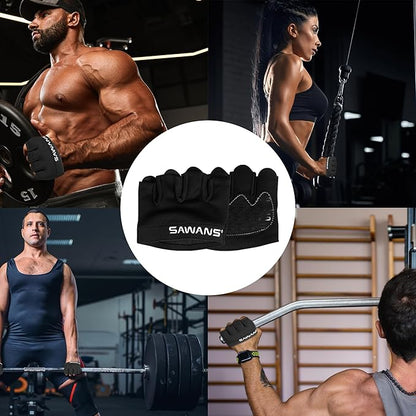 SAWANS Nonslip Workout Gloves for Men & Women, Weightlifting, Gym, Exercise, Fitness, Black, Minimalist, Finger Protectors, Half Finger Glove, Ambidextrous, Adjustable
