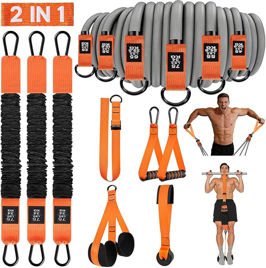 2 in 1 18PCS Heavy Resistance Bands & Assisted Pull Up Bands Combo – 300LBS/225LBS with Non-Slip Handles, Ankle Straps, Door Anchor, Adjustable Bands & Foot Pedals for Strength Training