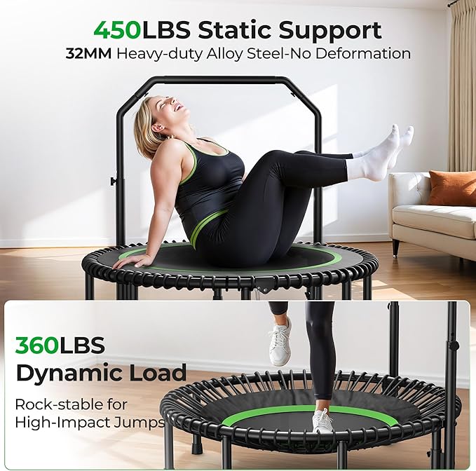 BCAN BT2 450/550LBS Mini Rebounder Trampoline for Adults with Bar, Fitness Trampoline with Bungees, Adjustable Handle, Stable & Quiet, Indoor Outdoor, Whole-Body Workout & Relaxation at Home-40IN/48IN
