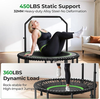 BCAN BT2 450/550LBS Mini Rebounder Trampoline for Adults with Bar, Fitness Trampoline with Bungees, Adjustable Handle, Stable & Quiet, Indoor Outdoor, Whole-Body Workout & Relaxation at Home-40IN/48IN