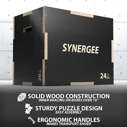 Synergee 3 in 1 Non-Slip Plyometric Box for Jump Training and Conditioning. Wooden Plyo and Soft Plyo Box All In One Jump Trainer. Sizes 20/18/16, 16/14/12