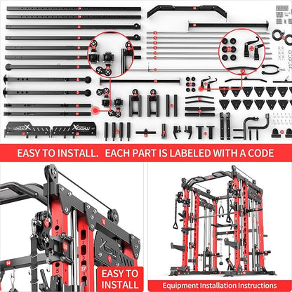 Multi-Purpose Squat Rack,Smith Machine Weight Rack Set with Cable Crossover System, Home Gym Power Racks, Power Racks and Packages