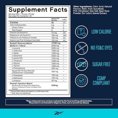 Reebok REEcover Amino Acids + Electrolytes | 8g EAAs, 5g BCAAs, Hydration Matrix | Muscle Recovery, Strength | Post-Workout Support | 30 Servings | Strawberry Lemonade