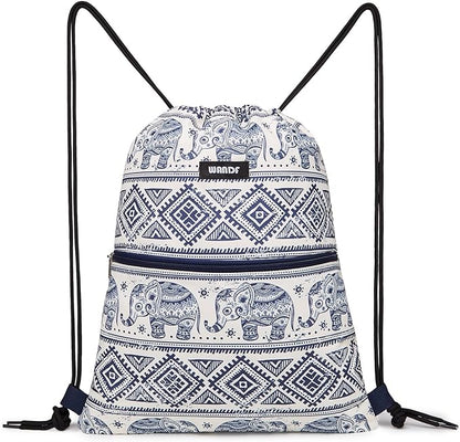 WANDF Drawstring Backpack String Bag Sackpack Cinch Water Resistant Nylon for Gym Shopping Sport Yoga (Blue Elephant with zipper)