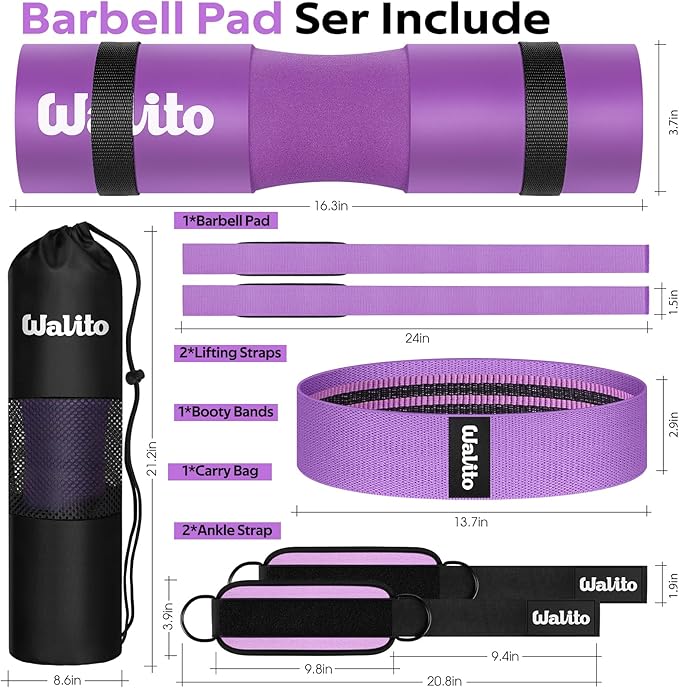 WALITO 8Pcs Barbell Pad Set for Hip Thrust - Squat Pad,Gym Accessories for Women with Bar Bad,Bench Press, with Gym Ankle Straps,Resistance Bands for Working Out,Lifting Strap,Carry Bag