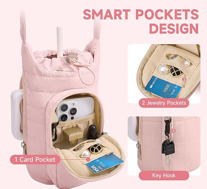 WOOMADA Water Bottle Holder Bag with Strap, 40/32 oz Crossbody Bag Gym Accessories, Sling Purses for Women（Pink）