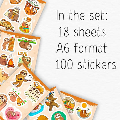 100Pcs Sloth Stickers and Decals for Water Bottle, Laptop - Sloth Gifts, Party Supplies & Decorations - Gift for Women & Men
