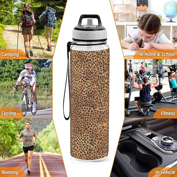 ALAZA Brown Leopard Print Hipster Sports Water Bottle with Straw Tritan Drink Bottle 32 oz BPA Free Reusable for Travel Outdoor Fitness