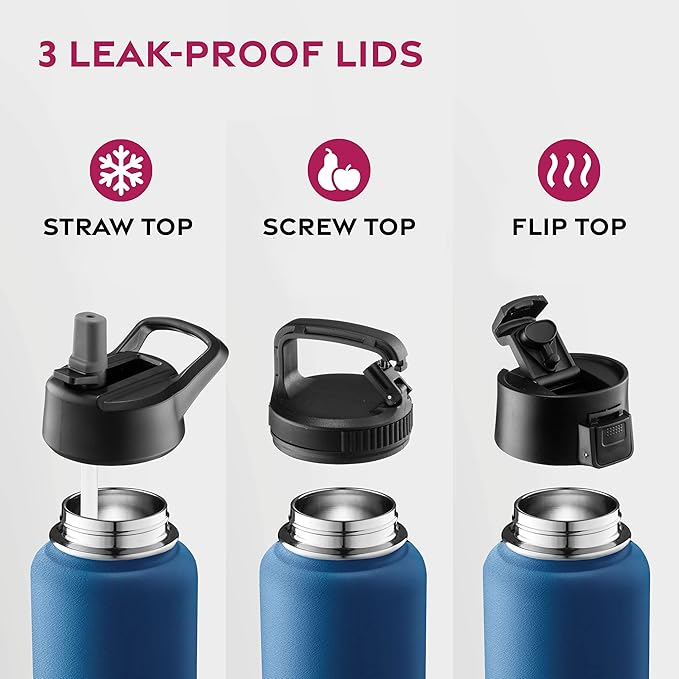 FineDine Triple Walled, Insulated Water Bottles with Straw - 40 Oz Stainless Steel Metal Bottle W/ 3 Leak Proof Lids - For Travel, School, Sports, Gym/Men, Women & Kids - Majestic Sapphire