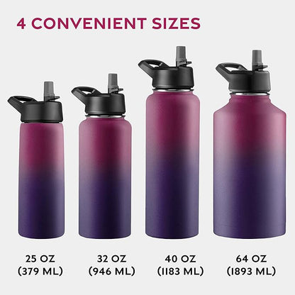 FineDine Water Bottle - Stainless Steel Insulated Water Bottle with Straw Lid, Flip Lid & Wide-Mouth Cap - Keeps Hot and Cold - 40 Oz / 1.18L - Dreamy Purple