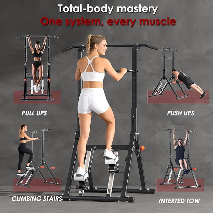 Power Tower Pull Up Station, soges Foldable Pull Up Bar Dip Station with Stair Stepper, Adjustable Free Standing Strength Training Equipment for Home Gym, Multi-Function Workout Tower