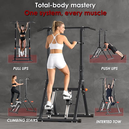 Power Tower Pull Up Station, soges Foldable Pull Up Bar Dip Station with Stair Stepper, Adjustable Free Standing Strength Training Equipment for Home Gym, Multi-Function Workout Tower