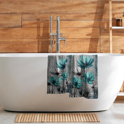 Teal Gray Floral Decorative Hand Towels for Bathroom Rustic Flower Wood Barn Vintage Kitchen Towels Set of 2 Turquoise Daisy Soft Absorbent Fingertip Dish Tea Towel for Home Yoga Gym Hotel