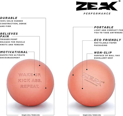 2 ZEAK Lacrosse Massage Balls for Myofascial Release, Trigger Point Therapy, Muscle Pain and Tension, Yoga, Aid Therapeutic Recovery, Fascia Release, Deep Tissue-Solid Rubber Ball Construction (Blush)