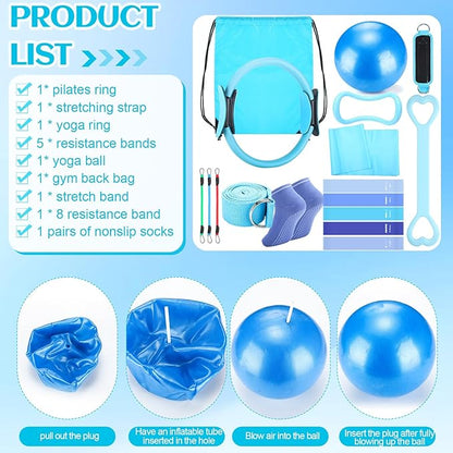 Pilates Ring Circle Set 18 Pcs Exercise Equipment Accessories for Women Workouts Pilates Ball Stretching Strap Magic Circle Yoga Ring Gym Back Bag Resistance Band Anti Slip Socks
