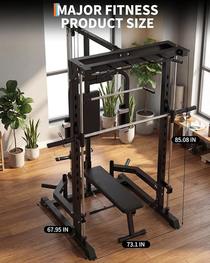 Smith Machine with Bench, Heavy Duty Power Cage Squat Rack with Smith Bar, LAT Pulldown System, Chest Station & More Training Attachment, Home Gym Equipment for Strengthen Training