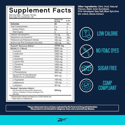 Reebok REEcover Amino Acids + Electrolytes | 8g EAAs, 5g BCAAs, Hydration Matrix | Muscle Recovery, Strength | Post-Workout Support | 30 Servings | Rocket Moon Pop