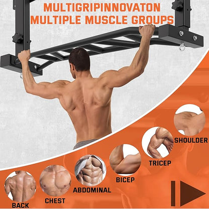 48" Joist Mounted Pull Up Bar, 600LBS Heavy Duty Multi Grip Ceiling Mount Chin Up Bar, Ceiling Beam for Home Gym/Garage/Basement with 5-Height Adjustable& Round Anchors, Easy to Install