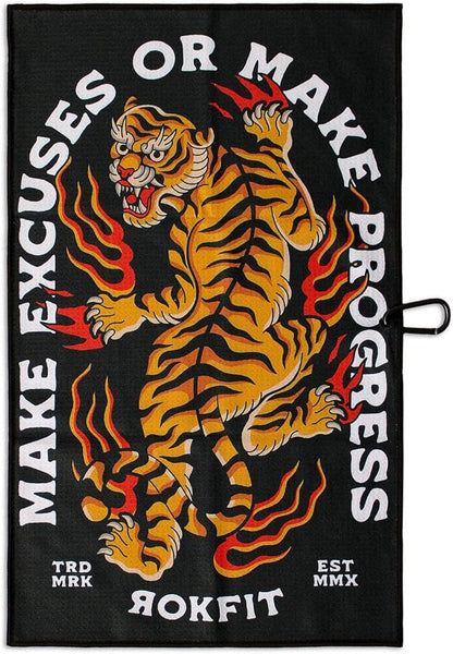 RokFit Gym & Golf Towel – Multi-Use, Quick-Dry, Durable Utility Towel with Bold Graphic and Carabiner Clip (Make Excuses Or Make Progress)