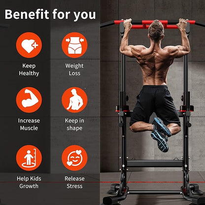 SogesHome Pull Up Bar and Dip Station, Heavy Duty Adjustable Home Gym Equipment for Strength Training, Multifunctional Workout Bar with Resistance Bands – Full Body & Core Exercise