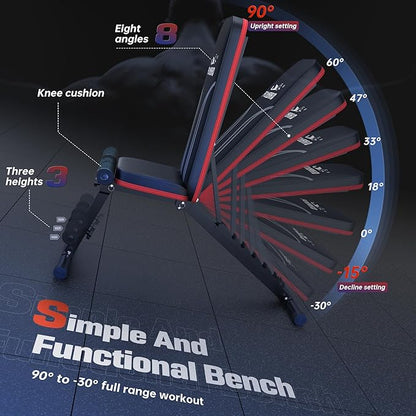 FLYBIRD Foldable Weight Bench with Resistance Bands, 8 Backrests Fast Adjustable FID for Home Gym Full Body Workout, Easy to Storage for Small Apartment