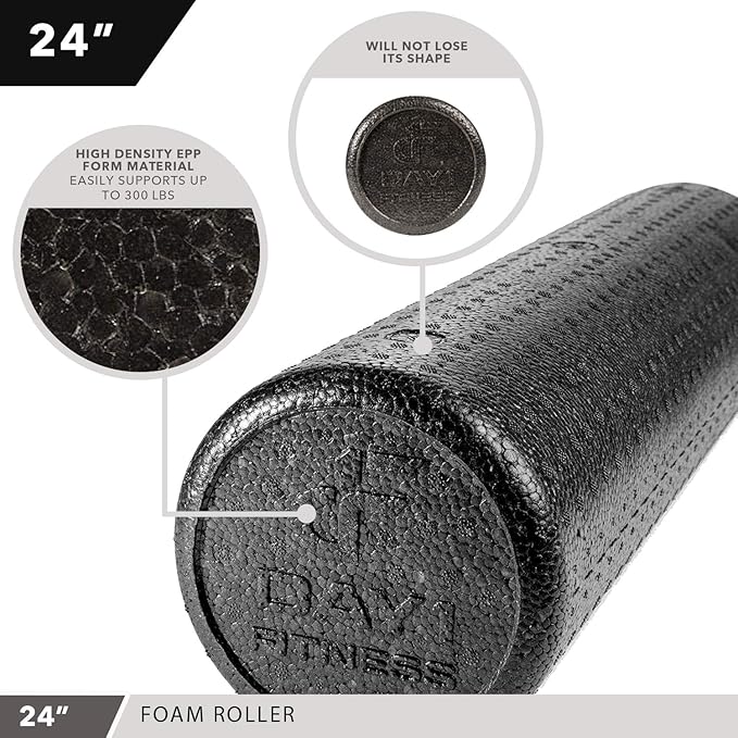 High Density Muscle Foam Rollers by Day 1 Fitness - Sports Massage Rollers for Stretching, Physical Therapy, Deep Tissue, Myofascial Release - Ideal for Exercise and Pain Relief - Solid Black, 24"