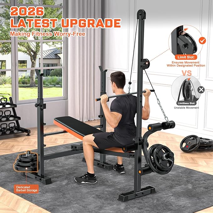 Fostoy 9-in-1 Adjustable Olympic Weight Bench with Lat Pulldown, Row, Squat Rack & Leg Curl – Multi-Function Strength Training Bench Press for Home Gym Full Body Workout
