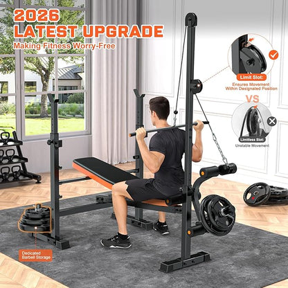 Fostoy 9-in-1 Adjustable Olympic Weight Bench with Lat Pulldown, Row, Squat Rack & Leg Curl – Multi-Function Strength Training Bench Press for Home Gym Full Body Workout