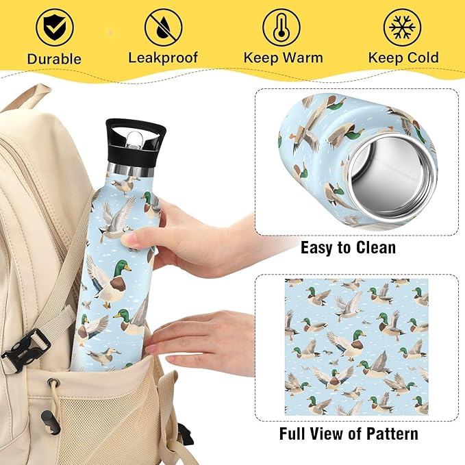 Mallard Ducks 20 Oz Water Bottle with Straw Kids Insulated Stainless Steel Sports Water Cup Metal Flask