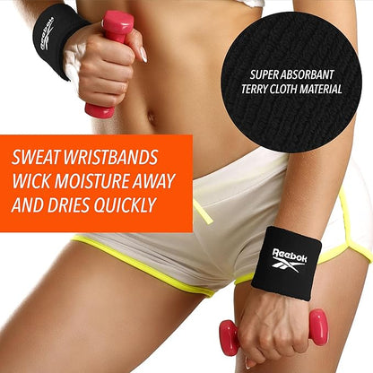 3pc Unisex Athletic Sweatband Set - 2.25in Workout Headband & 3.25in Wristbands w/Stay Dry Technology, Terry Cloth Band Moisture-Wicking Fabric | Quality Fitness Accessories for Active Comfort-Reebok