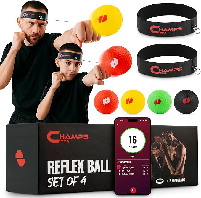 Boxing Reflex Ball Set with Punch Counter App– 4 Box Balls with Varying Weights, 2 Headbands and 4 Spare Strings to Improve Speed, Hand-Eye Coordination for Men, Kids Boxing Equipment MMA Gear Gift