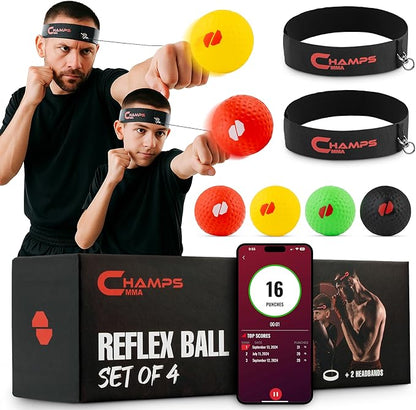 Boxing Reflex Ball Set with Punch Counter App– 4 Box Balls with Varying Weights, 2 Headbands and 4 Spare Strings to Improve Speed, Hand-Eye Coordination for Men, Kids Boxing Equipment MMA Gear Gift