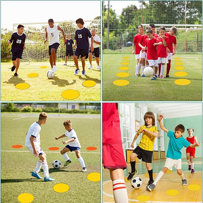 Poly Spots 4" or 9" Flat Cones Spot Markers for Gym/PE Training, Dance, 12/18/24 Pcs Non-Slip Rubber Floor Dots Flat Disc Markers for Soccer Basketball Sports Agility Drills, Classroom Activities
