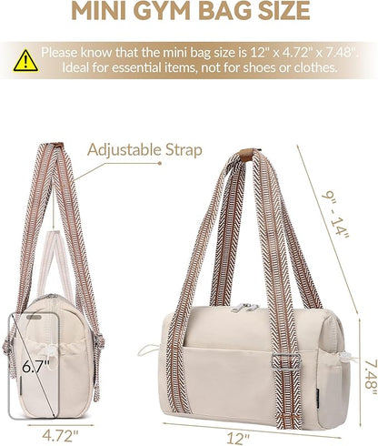 Small Gym Bag for Women Mini Duffle Bag with Guitar Strap, Lightweight Waterproof Cute Tote with Wet Compartment for Girls Workout Sport Travel, Beige