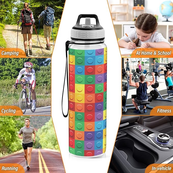 Colorful Building Blocks 32oz Sports Water Bottle with Straw – BPA Free, Leakproof, Reusable, Large Capacity Gym Bottle for Travel, Fitness, Outdoor Use