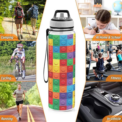Colorful Building Blocks 32oz Sports Water Bottle with Straw – BPA Free, Leakproof, Reusable, Large Capacity Gym Bottle for Travel, Fitness, Outdoor Use