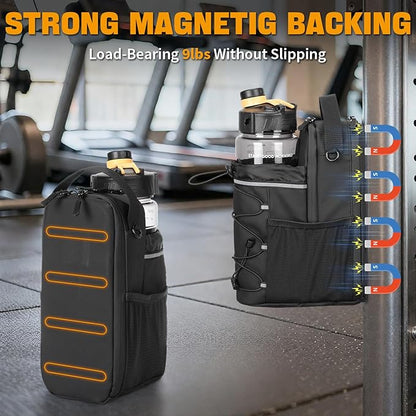 HUNTVP Magnetic Gym Bag Water Bottle Carrier Holder with Shoulder Strap & Phone Pockets, 64oz Large Magnetic Water Bottle Bag Pouch for Gym Fitness Accessories for Men and Women (4 Strong Magnets)