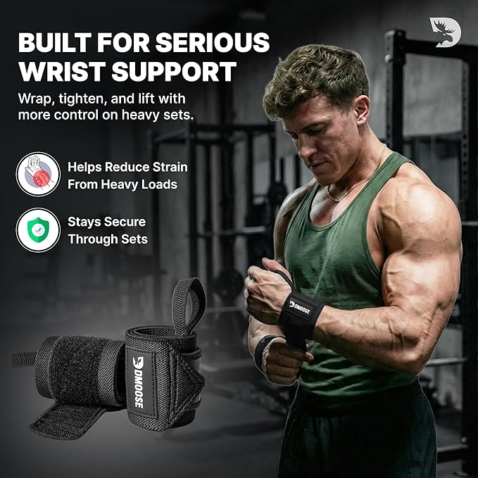 DMoose Fitness Wrist Wraps for Weightlifting 18" - Heavy Duty Gym Wrap with Hand Thumb Loop for Support & Pain Relief, USPA Approved Powerlifting, Weight Lifting Wrist Straps for Men & Women Work Out