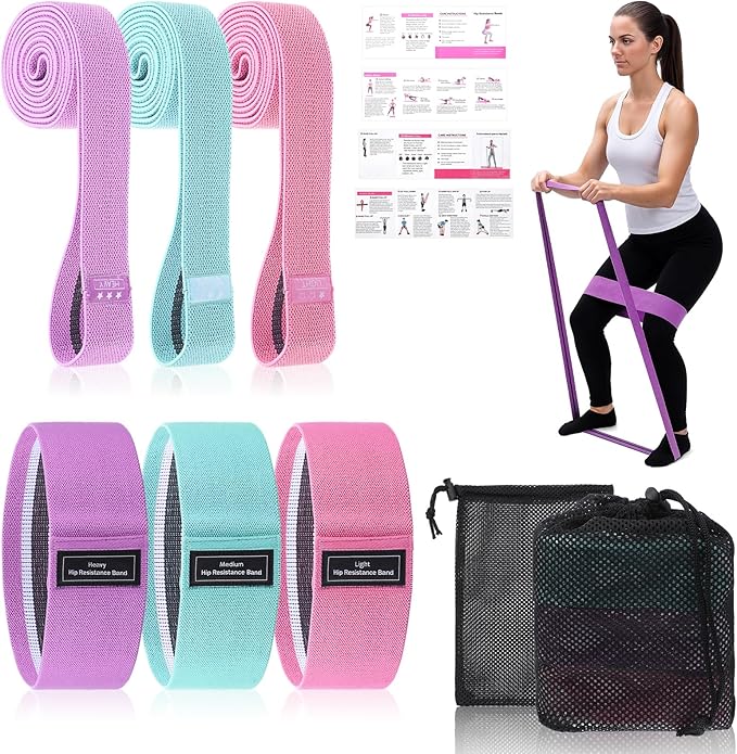 6PCS Fabric Resistance Bands for Legs, 3 Strength Level Elastic Stretching Assist Band with Portable Bag, Non-Slip Workout Bands for Squats Yoga Therapy, Women Cloth Band for Working Out