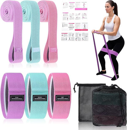 6PCS Fabric Resistance Bands for Legs, 3 Strength Level Elastic Stretching Assist Band with Portable Bag, Non-Slip Workout Bands for Squats Yoga Therapy, Women Cloth Band for Working Out